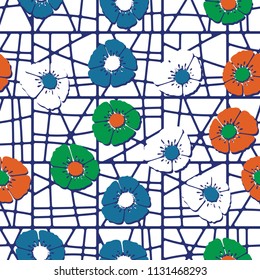 Editable seamless pattern. Fictional multicolored flowers. Primitive flat texture. Against the backdrop of a square lattice with cells separated by curved lines.