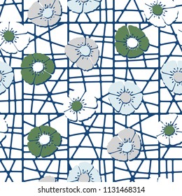 Editable seamless pattern. Fictional multicolored flowers. Primitive flat texture. Against the backdrop of a square lattice with cells separated by curved lines.