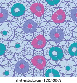 Editable seamless pattern. Fictional multicolored flowers. Primitive flat texture. Against the background of an openwork network consisting of five-pointed stars.
