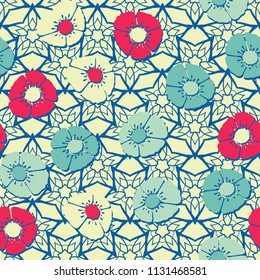 Editable seamless pattern. Fictional multicolored flowers. Primitive flat texture. Against the background of an openwork network consisting of five-pointed stars.