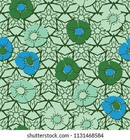Editable seamless pattern. Fictional multicolored flowers. Primitive flat texture. Against the background of an openwork network consisting of five-pointed stars.