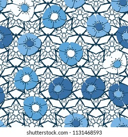 Editable seamless pattern. Fictional multicolored flowers. Primitive flat texture. Against the background of an openwork network consisting of five-pointed stars.