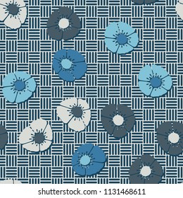 Editable seamless pattern. Fictional multicolored flowers. Primitive flat texture. Against the background of a square striped chess network.