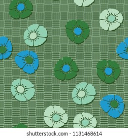 Editable seamless pattern. Fictional multicolored flowers. Primitive flat texture. Against the background of a square striped chess network.
