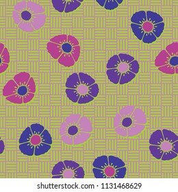 Editable seamless pattern. Fictional multicolored flowers. Primitive flat texture. Against the background of a square striped chess network.