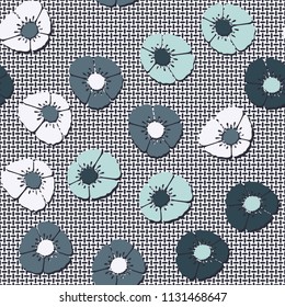 Editable seamless pattern. Fictional multicolored flowers. Primitive flat texture. Against the backdrop of a network of mutually perpendicular ovals.