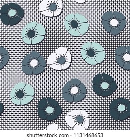 Editable seamless pattern. Fictional multicolored flowers. Primitive flat texture. Against the backdrop of a network of mutually perpendicular ovals.