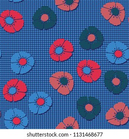 Editable seamless pattern. Fictional multicolored flowers. Primitive flat texture. Against the backdrop of a network of mutually perpendicular ovals.