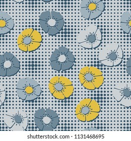 Editable seamless pattern. Fictional multicolored flowers. Primitive flat texture. Against the background of a network of small circles of different sizes.