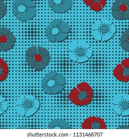 Editable seamless pattern. Fictional multicolored flowers. Primitive flat texture. Against the background of a network of small circles of different sizes.