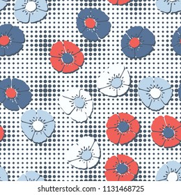 Editable seamless pattern. Fictional multicolored flowers. Primitive flat texture. Against the background of a network of small circles of different sizes.
