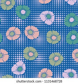 Editable seamless pattern. Fictional multicolored flowers. Primitive flat texture. Against the background of a network of small circles of different sizes.