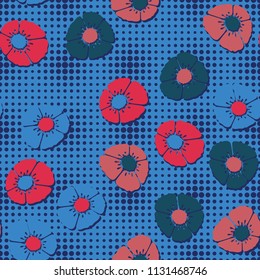 Editable seamless pattern. Fictional multicolored flowers. Primitive flat texture. Against the background of a network of small circles of different sizes.