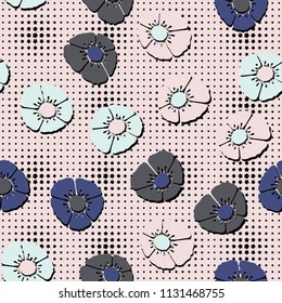 Editable seamless pattern. Fictional multicolored flowers. Primitive flat texture. Against the backdrop of a network of blunt five-pointed stars of floating magnitude.