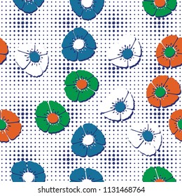 Editable seamless pattern. Fictional multicolored flowers. Primitive flat texture. Against the backdrop of a network of blunt five-pointed stars of floating magnitude.