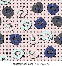 Editable seamless pattern. Fictional multicolored flowers. Primitive flat texture. Against the backdrop of a network of blunt five-pointed stars of floating magnitude.