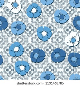 Editable seamless pattern. Fictional multicolored flowers. Primitive flat texture. A background of fine lines based on four-sided figures.