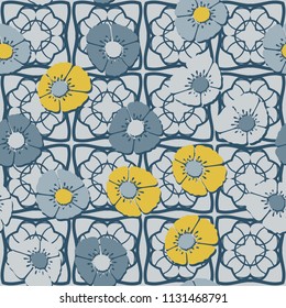 Editable seamless pattern. Fictional multicolored flowers. Primitive flat texture. Against the background of an openwork grille consisting of four-sided elements.