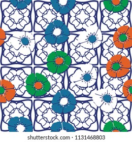 Editable seamless pattern. Fictional multicolored flowers. Primitive flat texture. Against the background of an openwork grille consisting of four-sided elements.