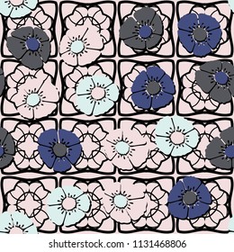 Editable seamless pattern. Fictional multicolored flowers. Primitive flat texture. Against the background of an openwork grille consisting of four-sided elements.
