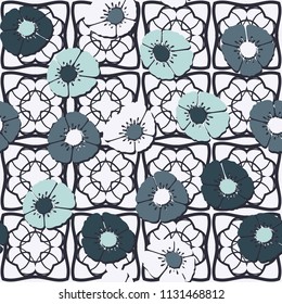 Editable seamless pattern. Fictional multicolored flowers. Primitive flat texture. Against the background of an openwork grille consisting of four-sided elements.