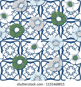 Editable seamless pattern. Fictional multicolored flowers. Primitive flat texture. Against the background of an openwork grille consisting of four-sided elements.