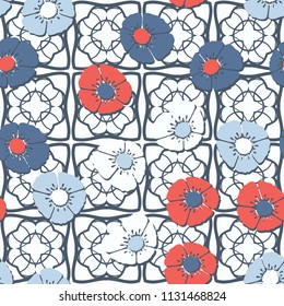 Editable seamless pattern. Fictional multicolored flowers. Primitive flat texture. Against the background of an openwork grille consisting of four-sided elements.