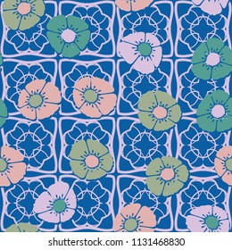 Editable seamless pattern. Fictional multicolored flowers. Primitive flat texture. Against the background of an openwork grille consisting of four-sided elements.