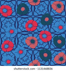 Editable seamless pattern. Fictional multicolored flowers. Primitive flat texture. Against the background of an openwork grille consisting of four-sided elements.