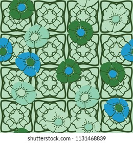 Editable seamless pattern. Fictional multicolored flowers. Primitive flat texture. Against the background of an openwork grille consisting of four-sided elements.