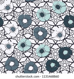 Editable seamless pattern. Fictional multicolored flowers. Primitive flat texture. Against the background of an openwork network consisting of five-pointed stars.