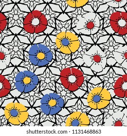 Editable seamless pattern. Fictional multicolored flowers. Primitive flat texture. Against the background of an openwork network consisting of five-pointed stars.