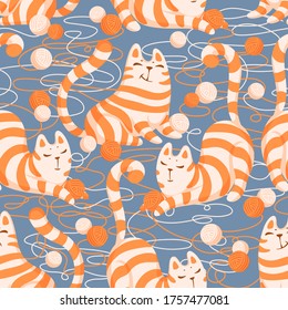 editable seamless pattern with happy striped red cats that play with balls of wool.