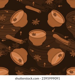 Editable Seamless Pattern of Indian Masala Chai in Pottery Cup with Assorted Herb Spices Vector Illustration With Dark Background for South Asian Beverages Culture and Tradition