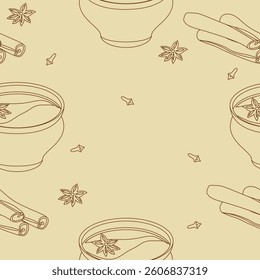 Editable Seamless Pattern of Outline Style Indian Masala Chai in Pottery Cup with Assorted Herb Spices Vector Illustration for Creating Background of Beverages With South Asian Culture and Tradition