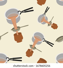 Editable Seamless Pattern of Pouring and Filtering Indian Masala Chai into Pottery Cup Vector Illustration for Creating Background of Beverages With South Asian Culture and Tradition