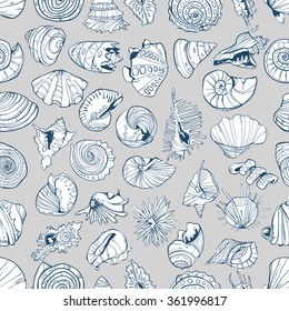 Editable seamless pattern with shells. Marine design.