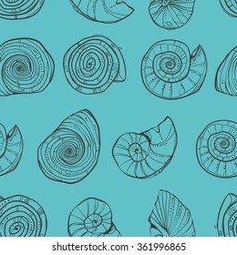 Editable seamless pattern with shells. Marine design.