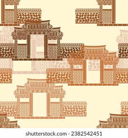 Editable Seamless Pattern of Traditional Korean Hanok Gate Building Vector Illustration for Creating Background and Decorative Element of Oriental History and Culture Related Design