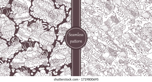 Editable seamless patterns with collection of  berry cakes, sweet pastries, desserts and berries. Hand-drawn background in vintage style for menu, cards, banners, flyers, cafe and coffee house.