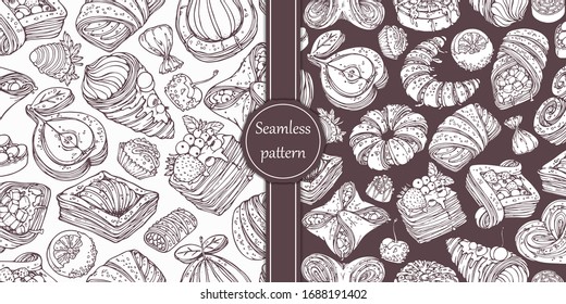 Editable seamless patterns with collection of sweet pastries, berries and orange in chocolate. Hand-drawn background in vintage style for menu, cards, banners, flyers, coffee house and bakery shops.