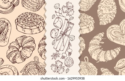 Editable seamless vector pattern with sweet buns (contour). Bakery products - croissant, buns, cookies and nuts, berries, spices.