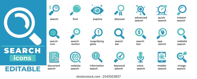 Editable search icon vector set, ideal for UIUX projects, apps, and web design. Includes magnifying glass, keyword, document, voice search, and more