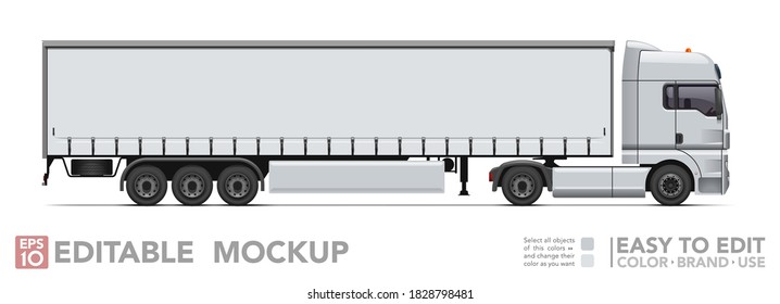 Editable semi truck mockup. Realistick tractor & tilt trailer on white background. Vector illustration