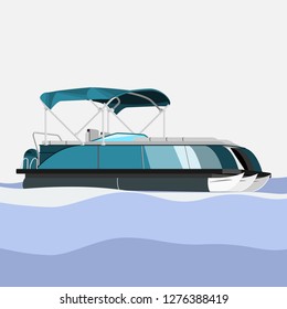Editable Semi-Oblique Side View Detailed Pontoon Boat on Wavy Water Vector Illustration in Flat Style for Transportation or Recreation Related Design