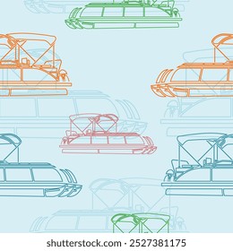 Editável semioblíqua visão lateral Ilustração do vetor do barco pontão no estilo do contorno com várias cores como padrão contínuo para criar o fundo do transporte ou do recreação relacionados ao projeto