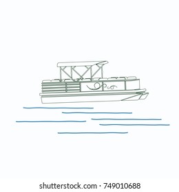 Editable Semi-Oblique Side View Pontoon Boat on Calm Water Vector Illustration in Outline Style for Transportation or Recreation Related Design