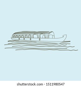 Editable Semi-Oblique View Indian Keralan Houseboat Backwater on Wavy Lake Vector Illustration in Outline Style for Artwork Element of Recreation or Transportation of Southwestern India Related Design