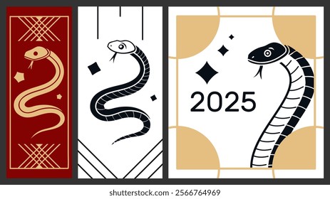 editable Set of 2025 Chinese new year, year of the snake banner templates design,  snake skull