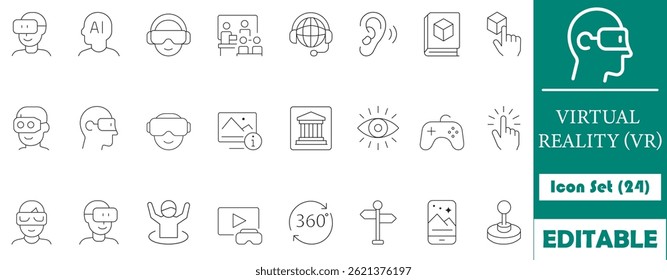 Conjunto editável de 24 ícones de linha minimalistas relacionados à Realidade Virtual (VR), incluindo headset VR, jogos, visualizações de 360°, IA e experiências imersivas. Perfeito para projetos relacionados a tecnologia, jogos e RV.